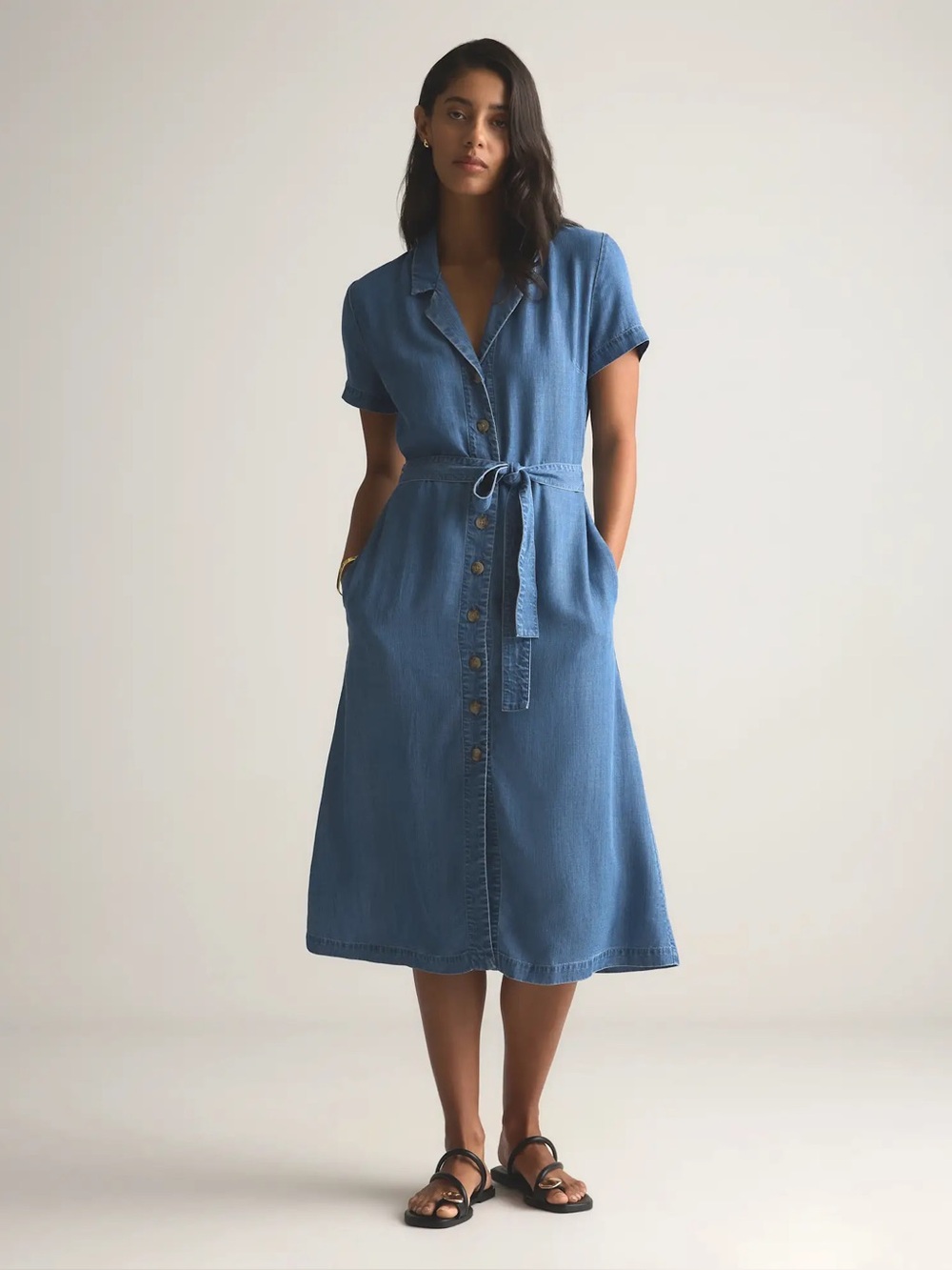 Quince Women Chambray Tencel Button Front Dress L Indigo Basic Sleeved